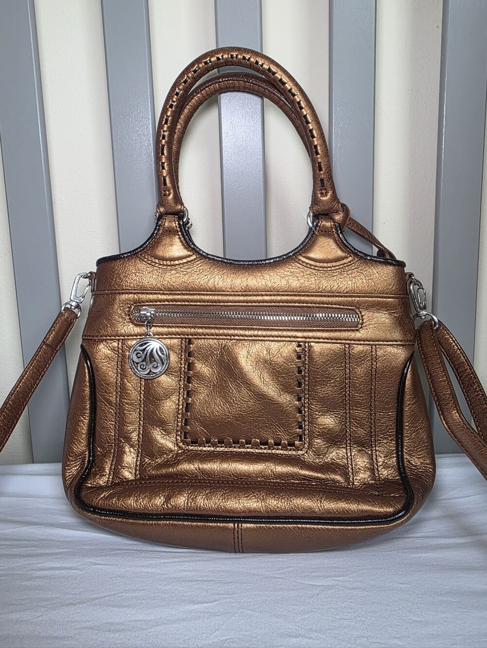 Brighton Vintage Metallic Bronze Women’s Convertable Crossbody Bag W/ Whipstitch - Picture 1 of 13